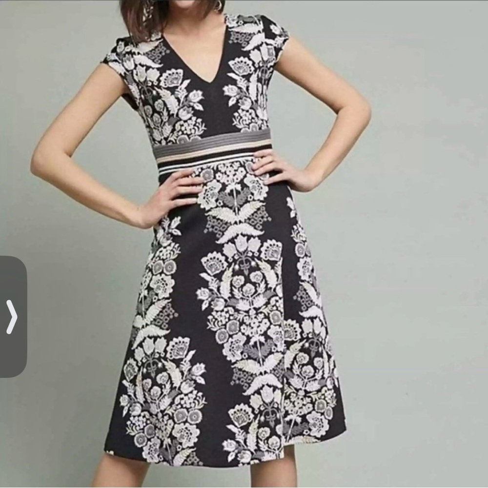 Anthropologie Soirée floral embroidered Black and Cream Floral Midi Dress